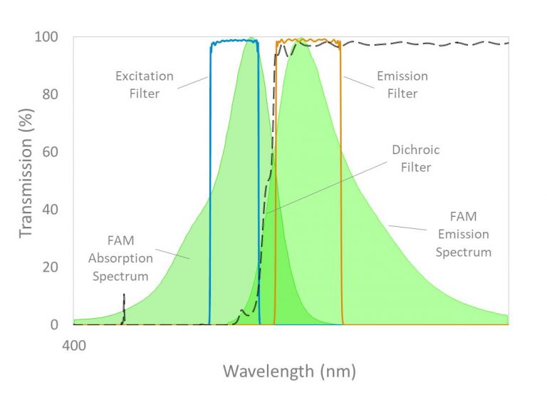 Transmission vs. wavelength plot of Alluxa’s ULTRA Series FAM filter set for real-time qPCR applications. The excitation, emission, and dichroic filter transmission spectra are displayed alongside FAM excitation and emission spectra.